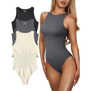 OQQ Womens L Bodysuit Sexy Ribbed One Piece Sleeveless Black Gray Ivory - 3 Pack